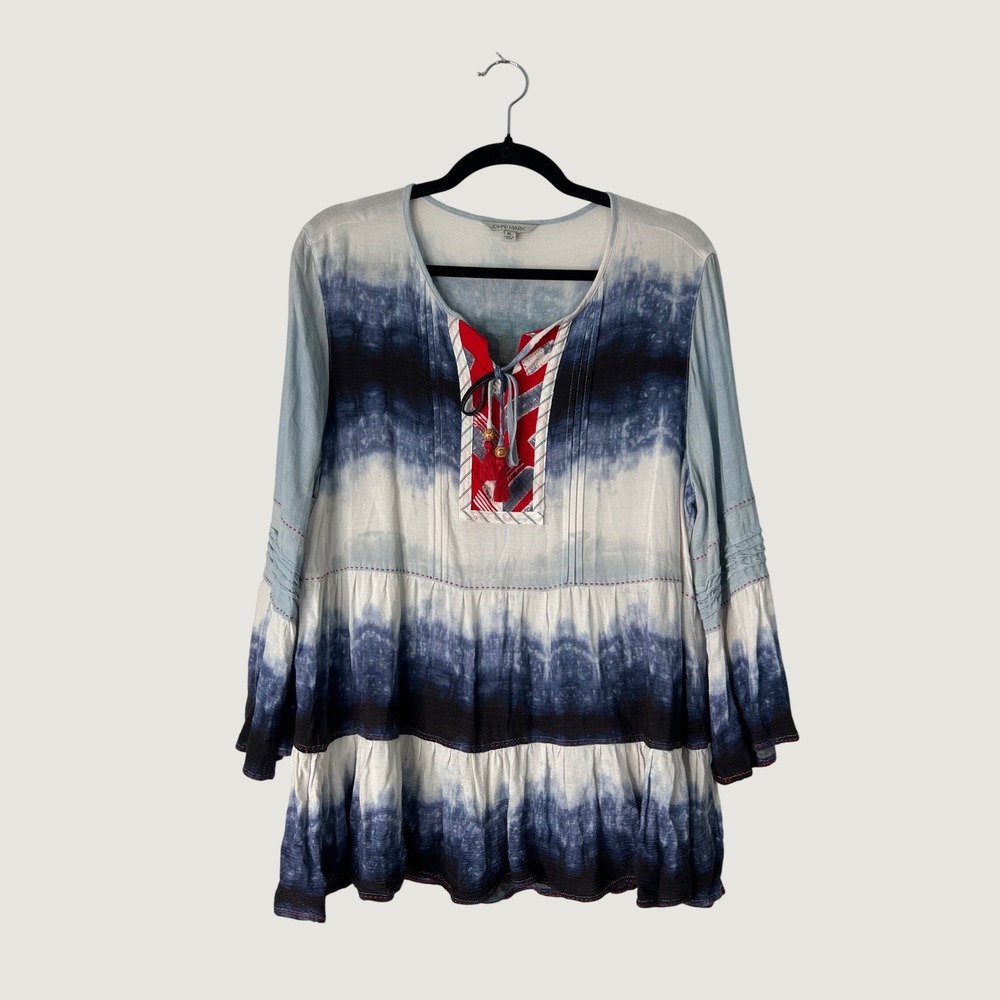 John Mark Tunic Top Womens XL Blue White Tie Dye Coastal Boho Gypsy Babydoll